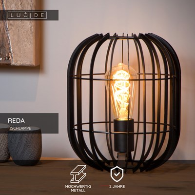 Lucide REDA - Tischlampe - Ø 22 cm - 1xE27 - Schwarz
